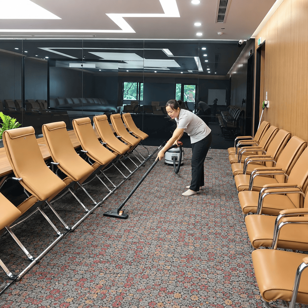 (Nhân viên lau dọn sàn nhà văn phòng)